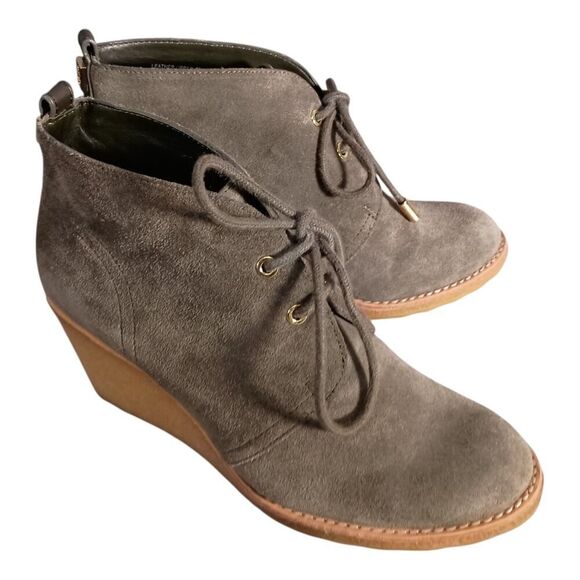 Tory Burch Viki Lace Up Wedge Ankle Boots GreyLeather Suede Gold Logo Womens 7 - Picture 3 of 12
